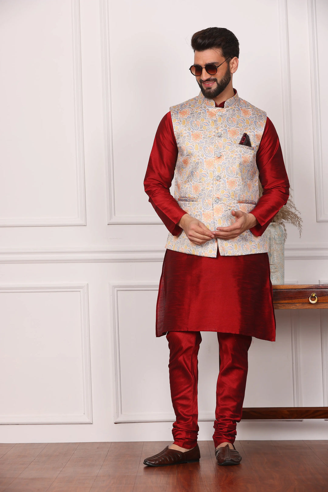 Multi Color Modi Jacket and Maroon Kurta with Churidar Pajama Set for Men