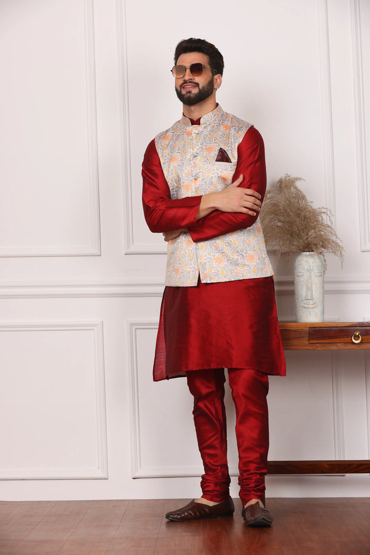 Multi Color Modi Jacket and Maroon Kurta with Churidar Pajama Set for Men