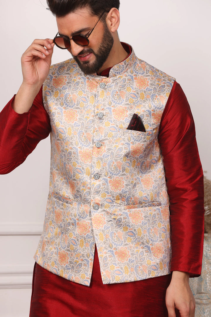 Multi Color Modi Jacket and Maroon Kurta with Churidar Pajama Set for Men