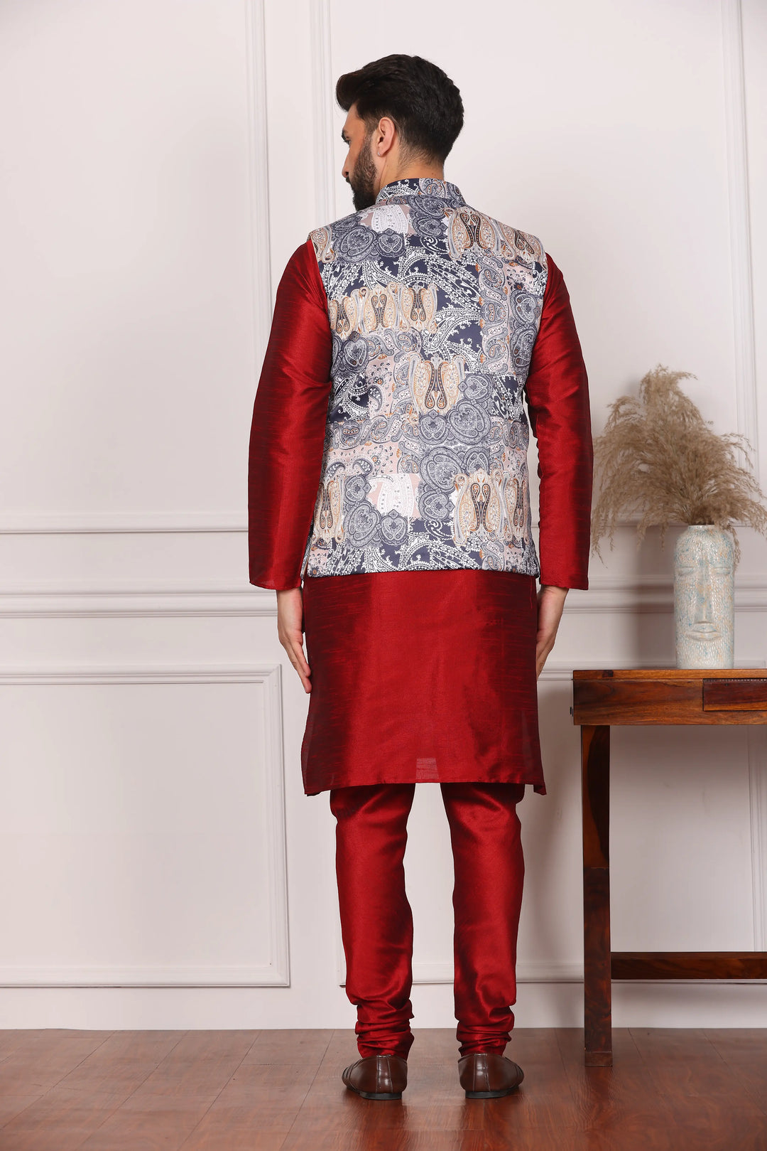 Multi Color Ethnic Waistcoat Jacket and Maroon Kurta with Churidar Pajama Set for Men