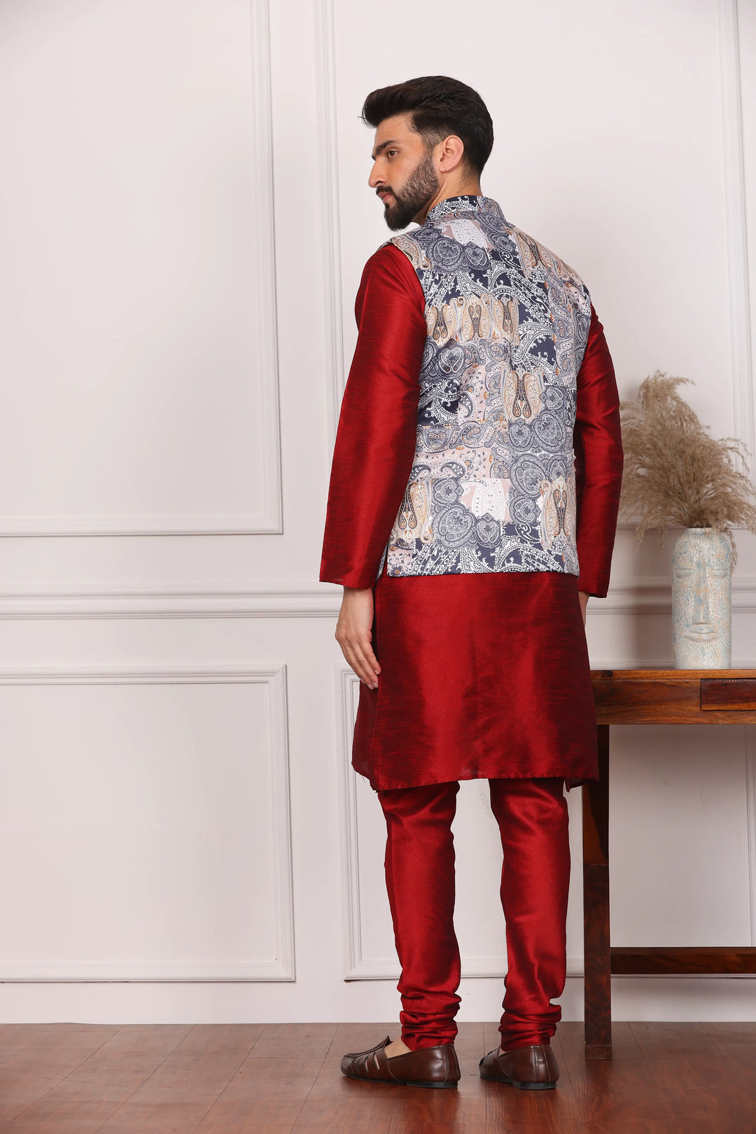 Multi Color Ethnic Waistcoat Jacket and Maroon Kurta with Churidar Pajama Set for Men