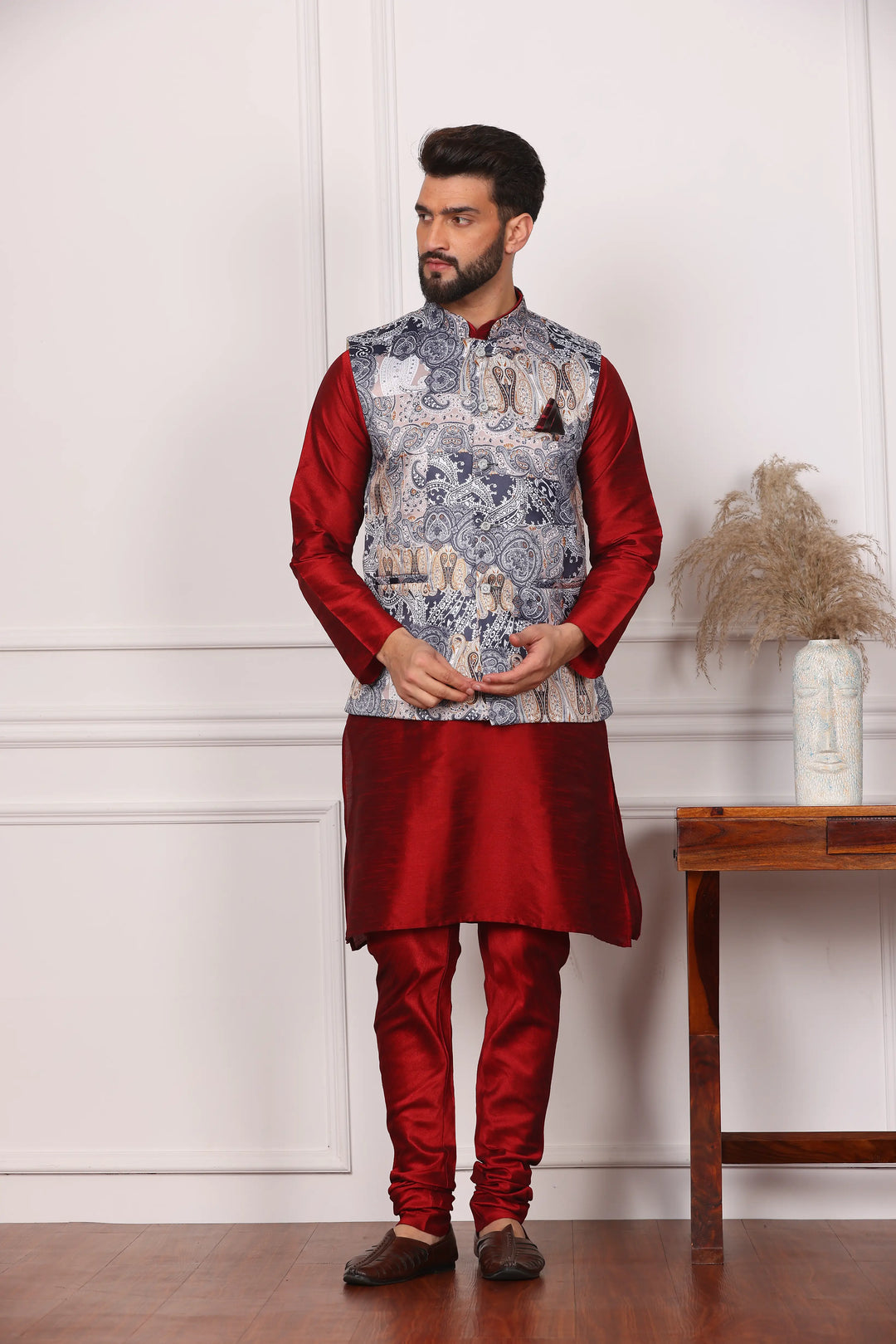 Multi Color Ethnic Waistcoat Jacket and Maroon Kurta with Churidar Pajama Set for Men