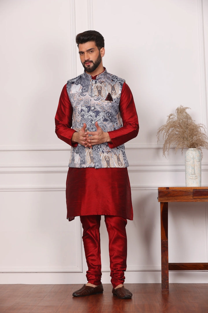 Multi Color Ethnic Waistcoat Jacket and Maroon Kurta with Churidar Pajama Set for Men