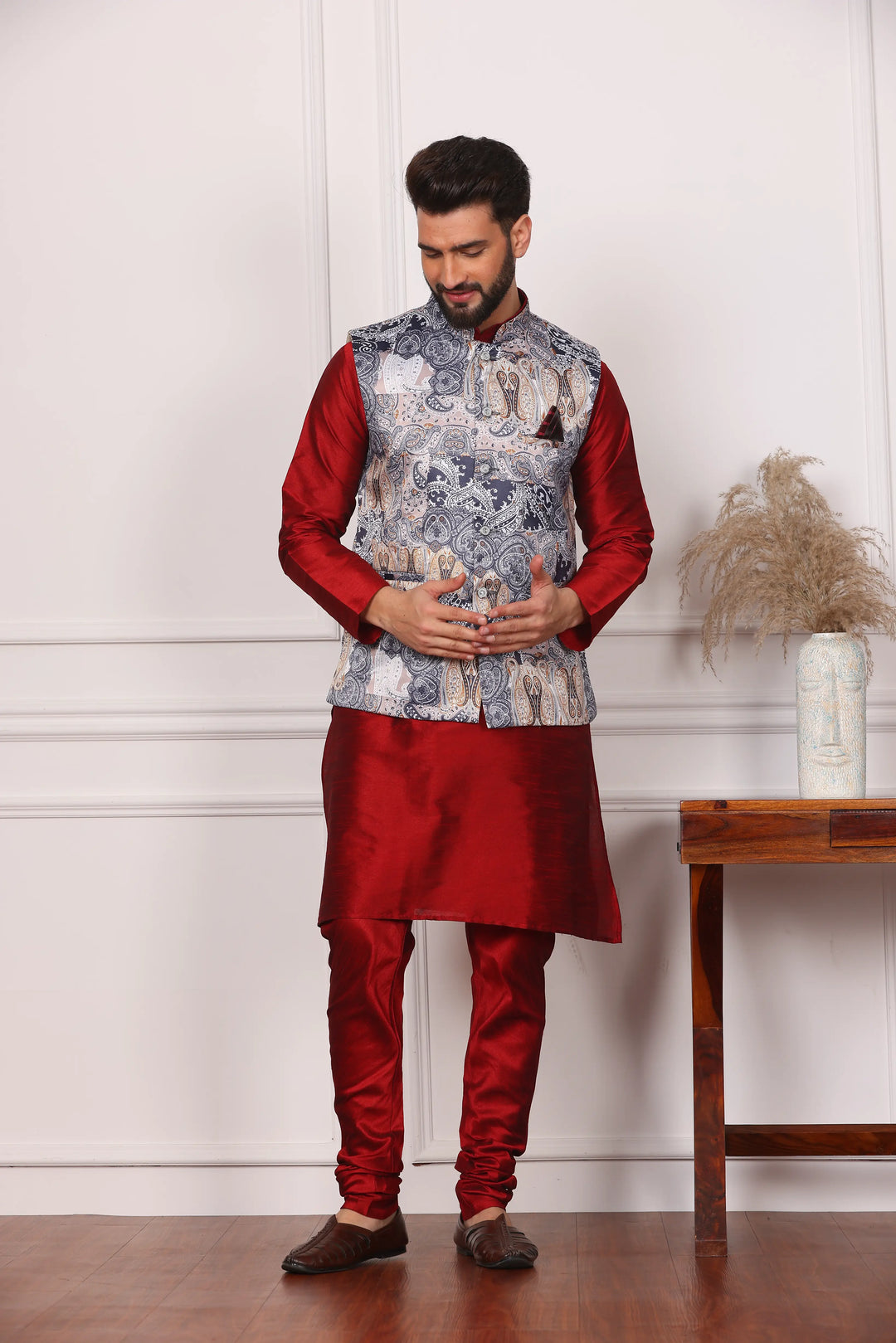 Multi Color Ethnic Waistcoat Jacket and Maroon Kurta with Churidar Pajama Set for Men