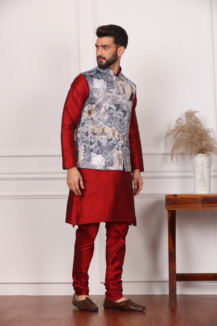 Multi Color Ethnic Waistcoat Jacket and Maroon Kurta with Churidar Pajama Set for Men