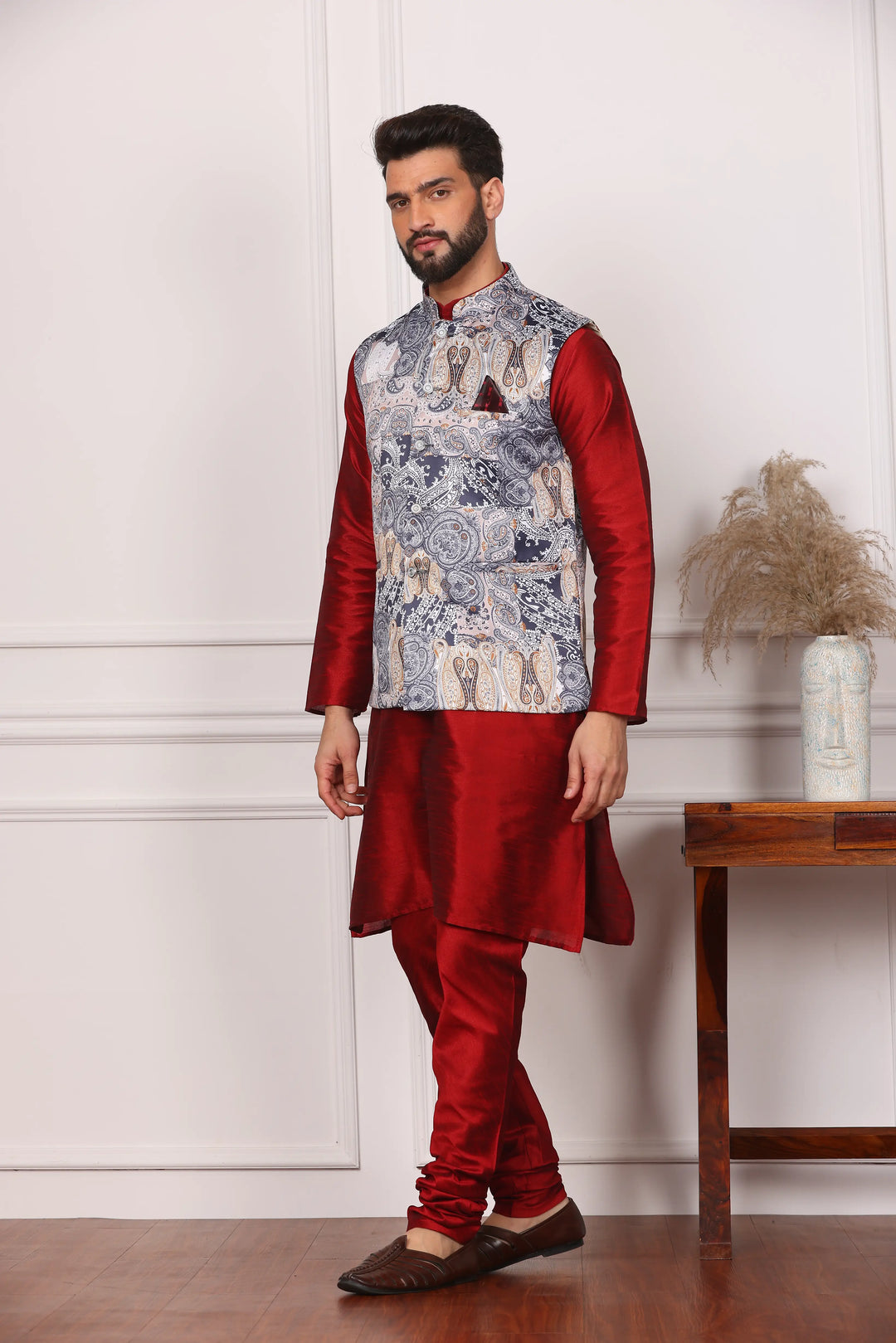 Multi Color Ethnic Waistcoat Jacket and Maroon Kurta with Churidar Pajama Set for Men