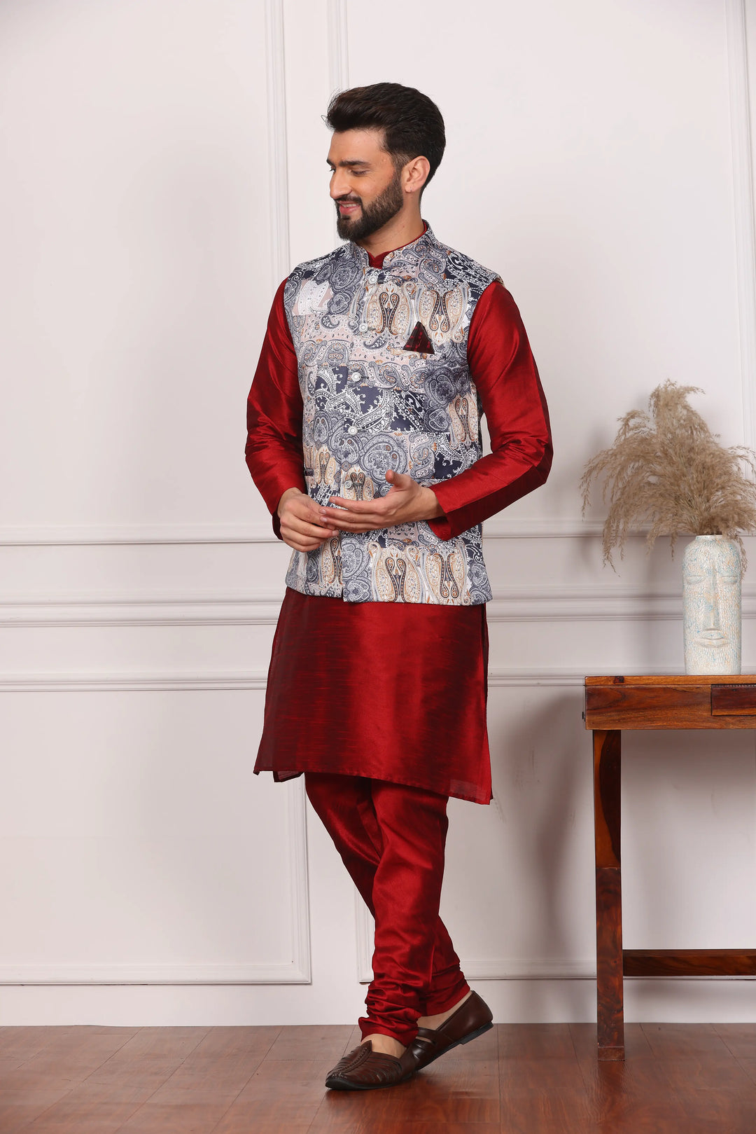 Multi Color Ethnic Waistcoat Jacket and Maroon Kurta with Churidar Pajama Set for Men