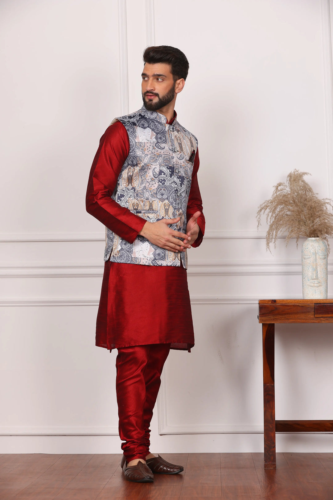 Multi Color Ethnic Waistcoat Jacket and Maroon Kurta with Churidar Pajama Set for Men