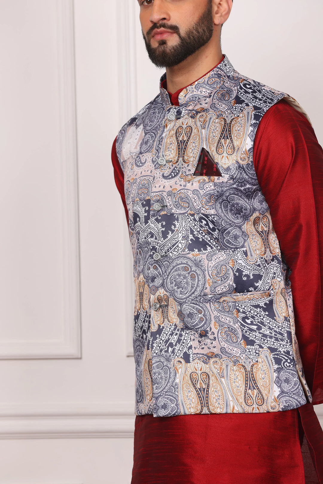 Multi Color Ethnic Waistcoat Jacket and Maroon Kurta with Churidar Pajama Set for Men