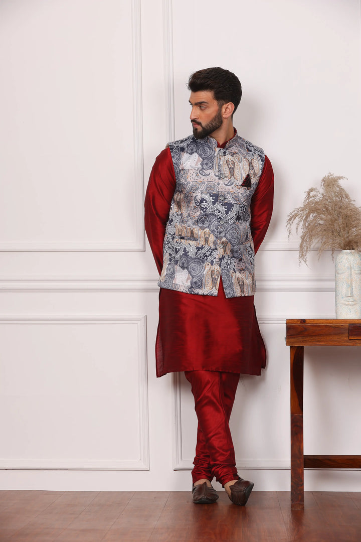 Multi Color Ethnic Waistcoat Jacket and Maroon Kurta with Churidar Pajama Set for Men