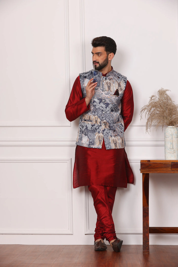 Multi Color Ethnic Waistcoat Jacket and Maroon Kurta with Churidar Pajama Set for Men