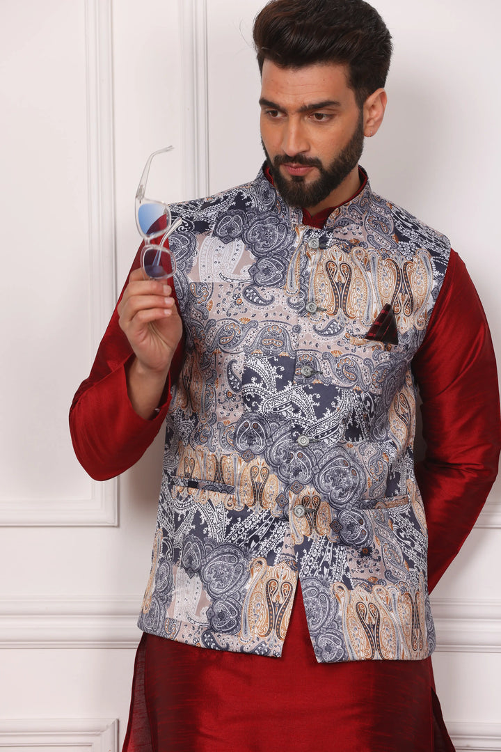 Multi Color Ethnic Waistcoat Jacket and Maroon Kurta with Churidar Pajama Set for Men