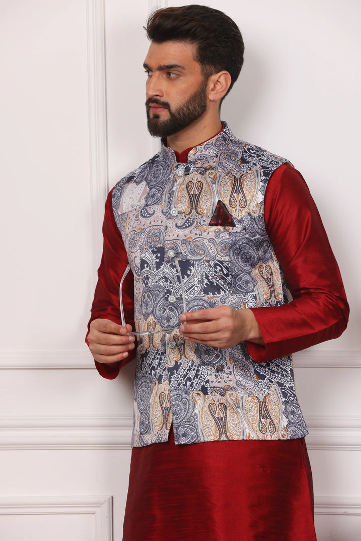 Multi Color Ethnic Waistcoat Jacket and Maroon Kurta with Churidar Pajama Set for Men