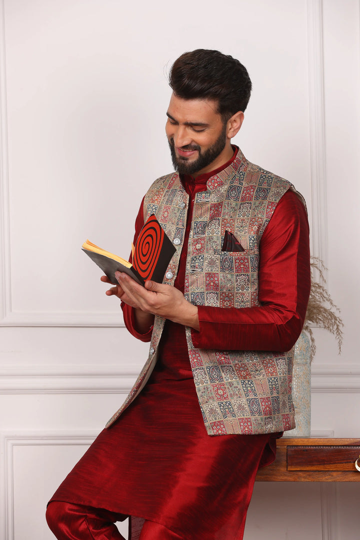 Multi Color Sadri Jacket and Maroon Kurta with Churidar Pajama Set for Men