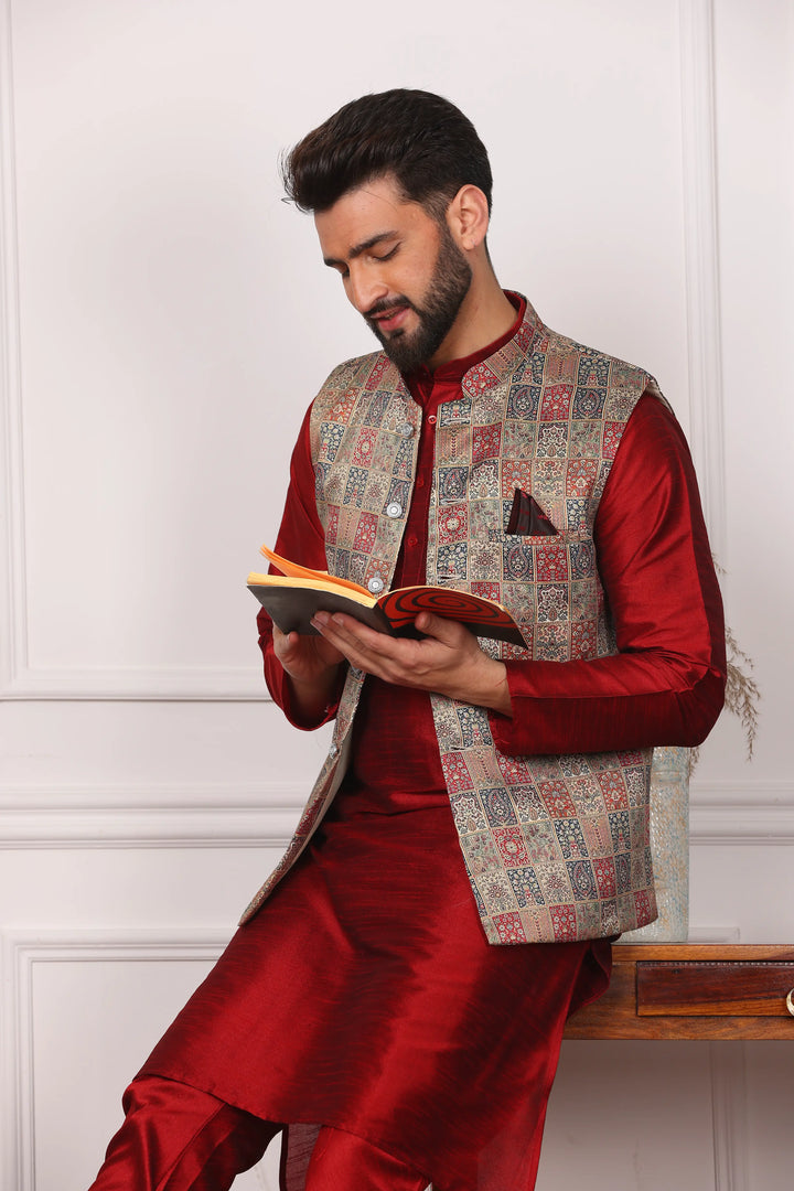 Multi Color Sadri Jacket and Maroon Kurta with Churidar Pajama Set for Men