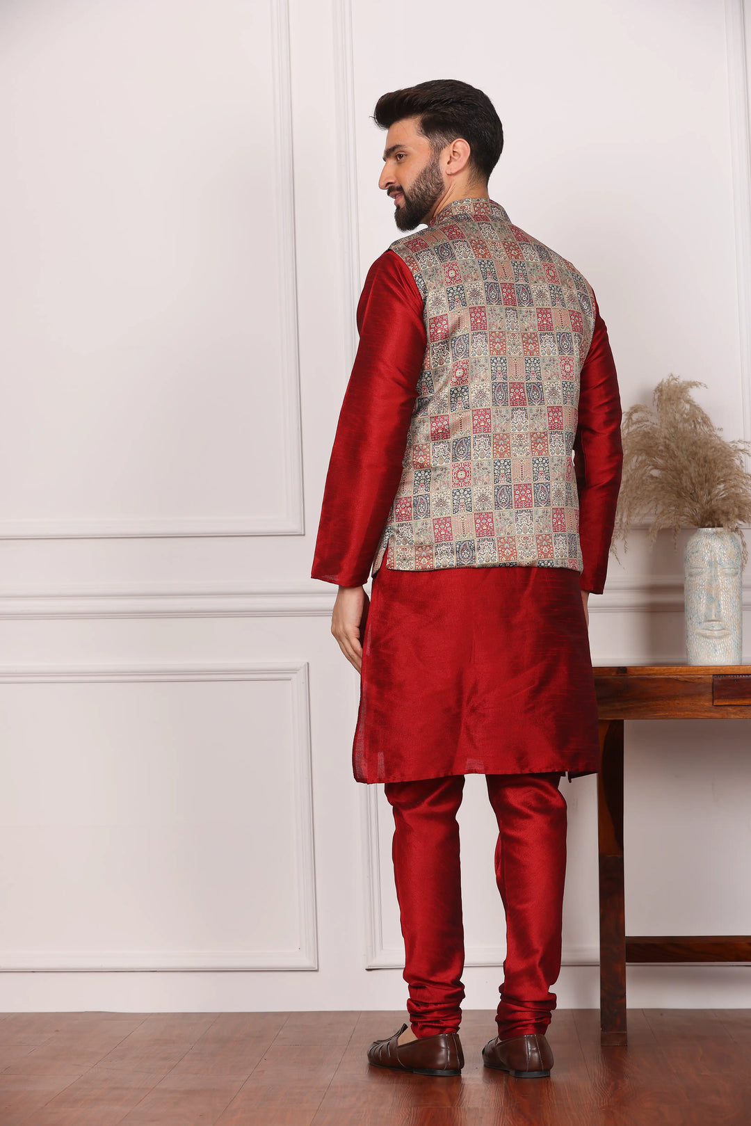 Multi Color Sadri Jacket and Maroon Kurta with Churidar Pajama Set for Men