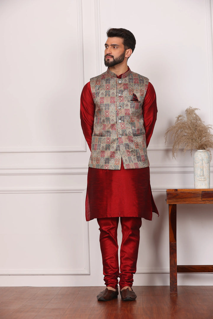 Multi Color Sadri Jacket and Maroon Kurta with Churidar Pajama Set for Men