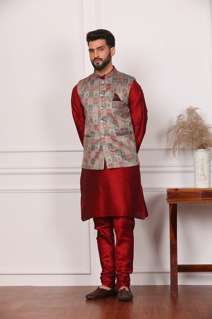 Multi Color Sadri Jacket and Maroon Kurta with Churidar Pajama Set for Men