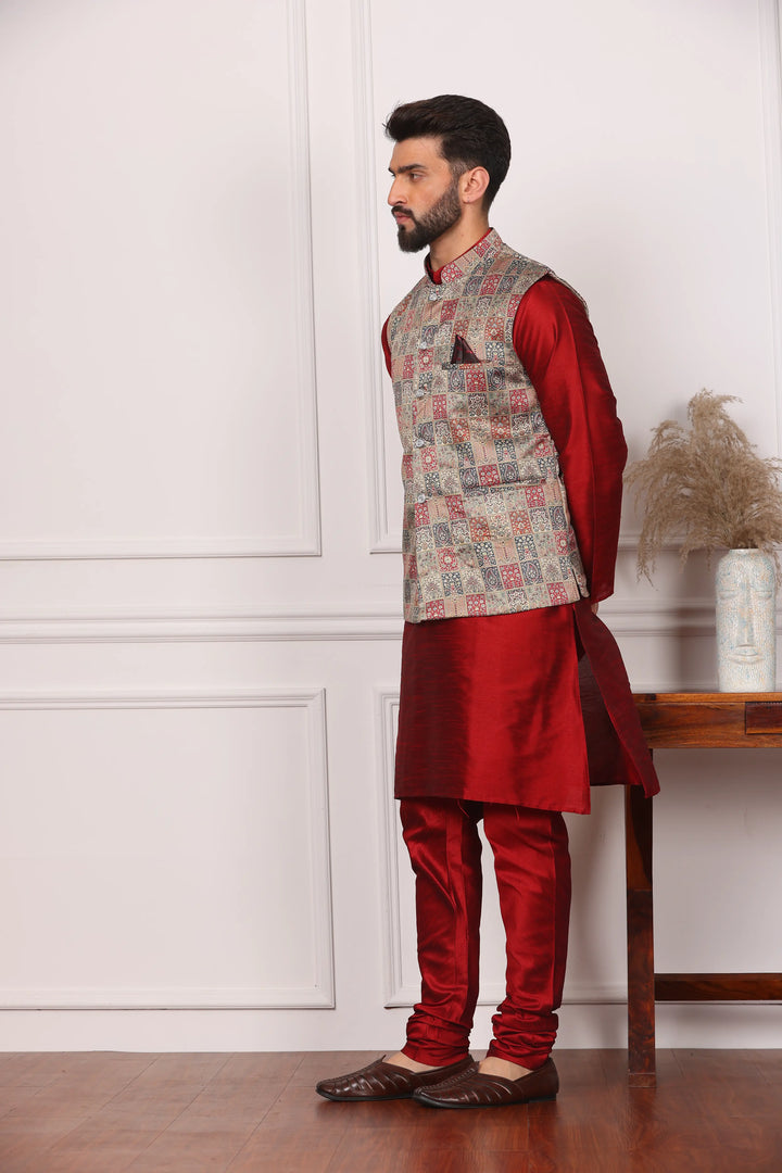 Multi Color Sadri Jacket and Maroon Kurta with Churidar Pajama Set for Men