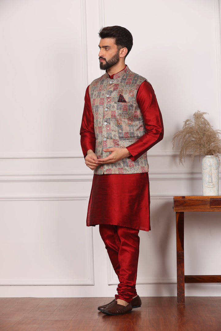 Multi Color Sadri Jacket and Maroon Kurta with Churidar Pajama Set for Men