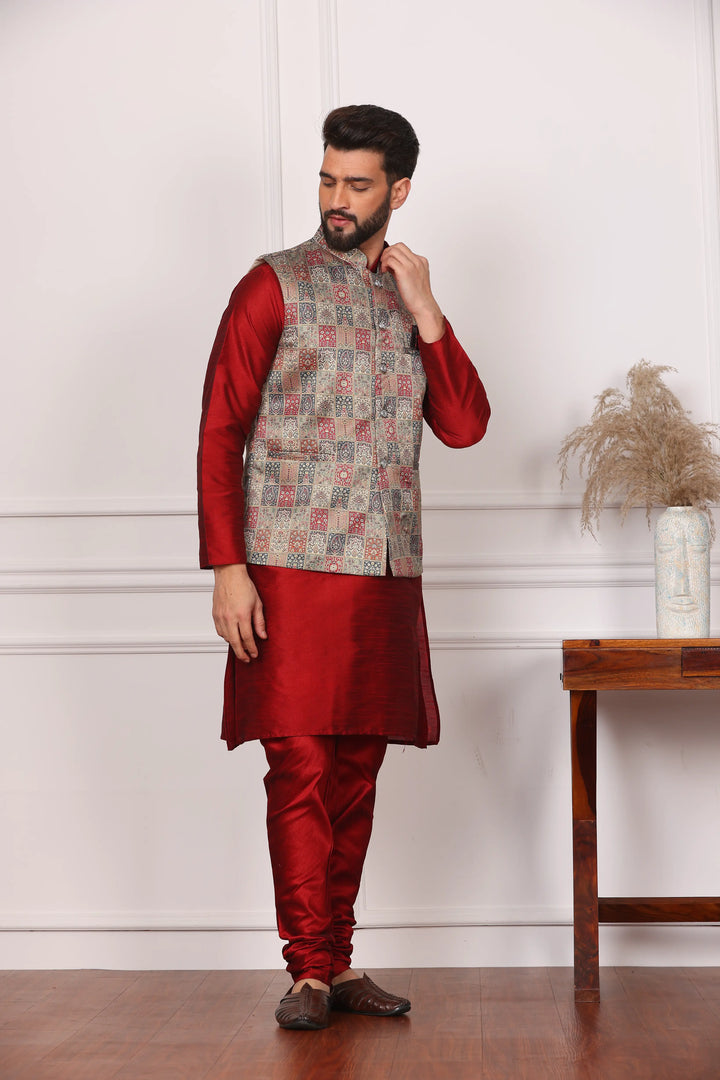 Multi Color Sadri Jacket and Maroon Kurta with Churidar Pajama Set for Men