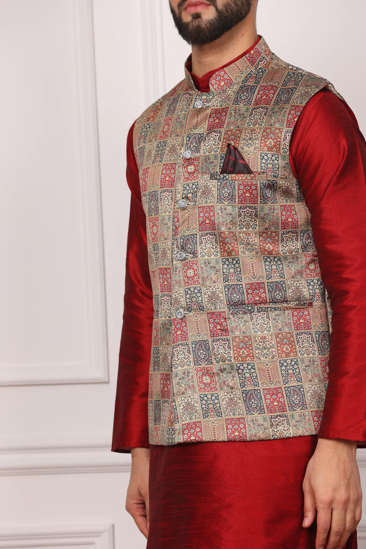 Multi Color Sadri Jacket and Maroon Kurta with Churidar Pajama Set for Men