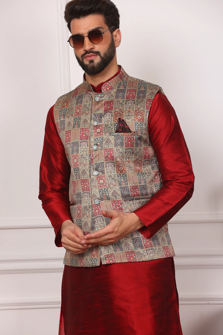 Multi Color Sadri Jacket and Maroon Kurta with Churidar Pajama Set for Men