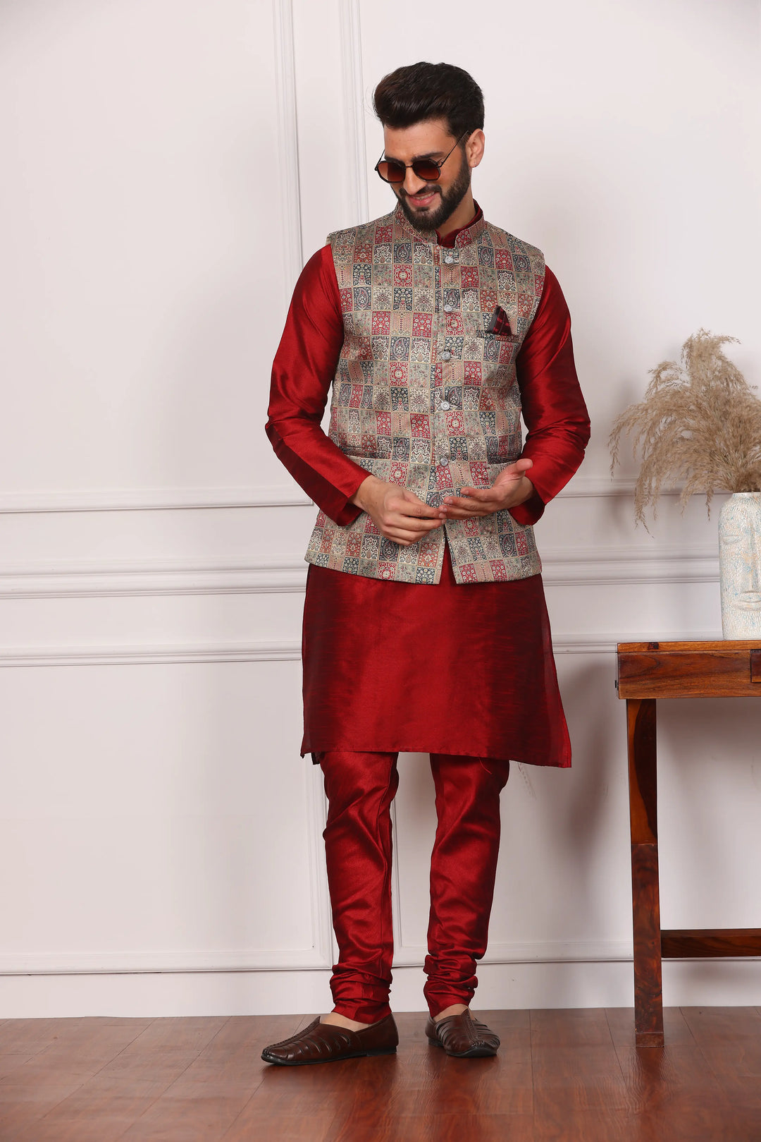 Multi Color Sadri Jacket and Maroon Kurta with Churidar Pajama Set for Men