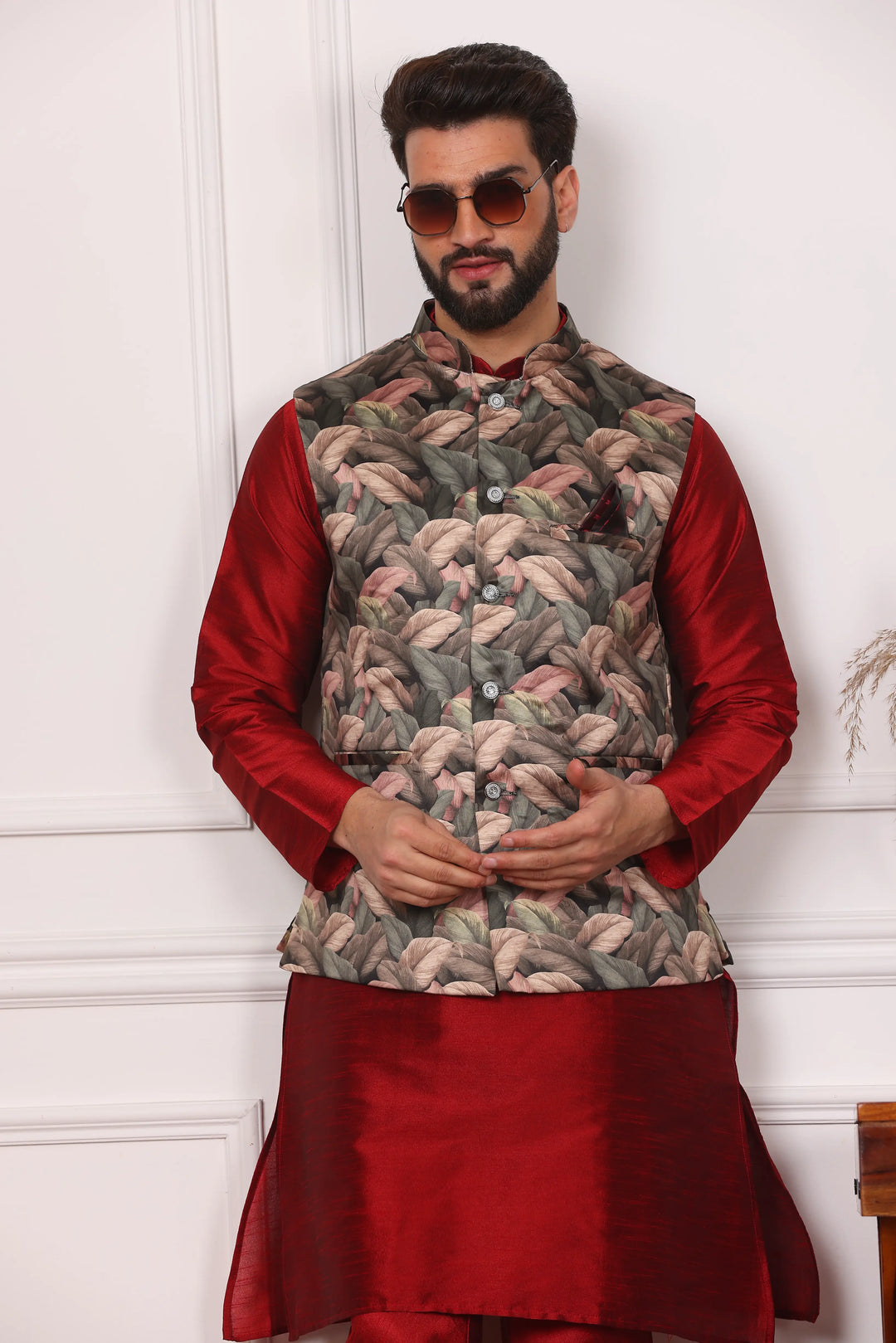 Multi Color Nehru Jacket and Maroon Kurta with Churidar Pajama Set for Men