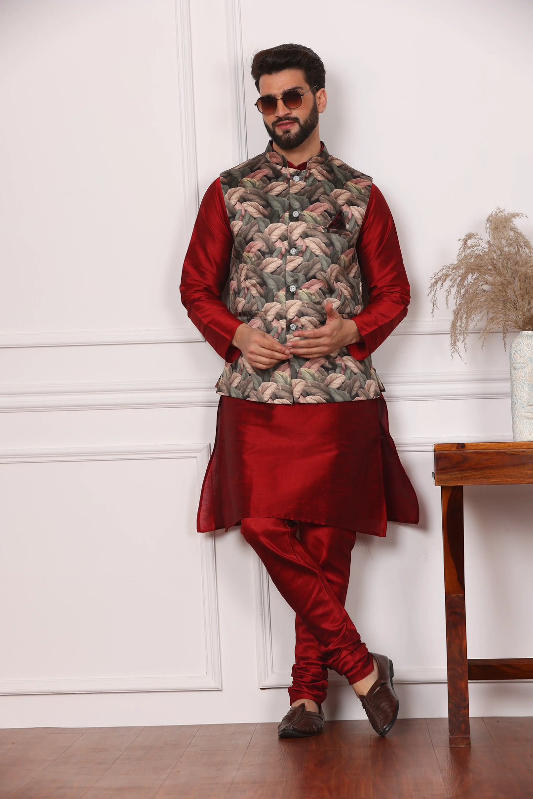 Multi Color Nehru Jacket and Maroon Kurta with Churidar Pajama Set for Men