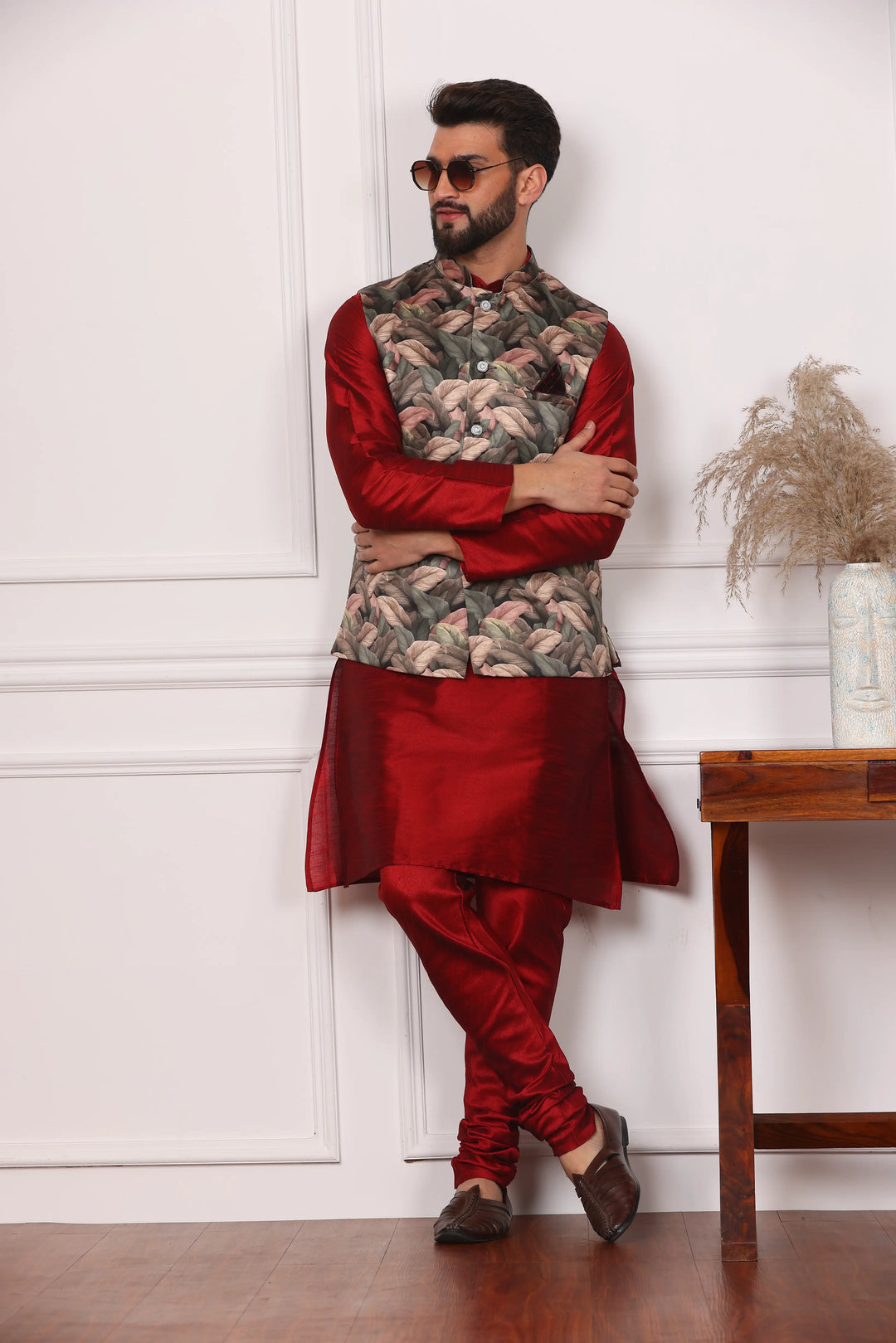 Multi Color Nehru Jacket and Maroon Kurta with Churidar Pajama Set for Men