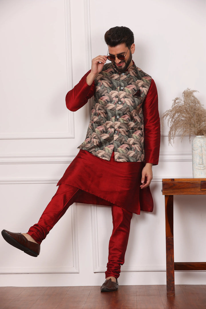 Multi Color Nehru Jacket and Maroon Kurta with Churidar Pajama Set for Men