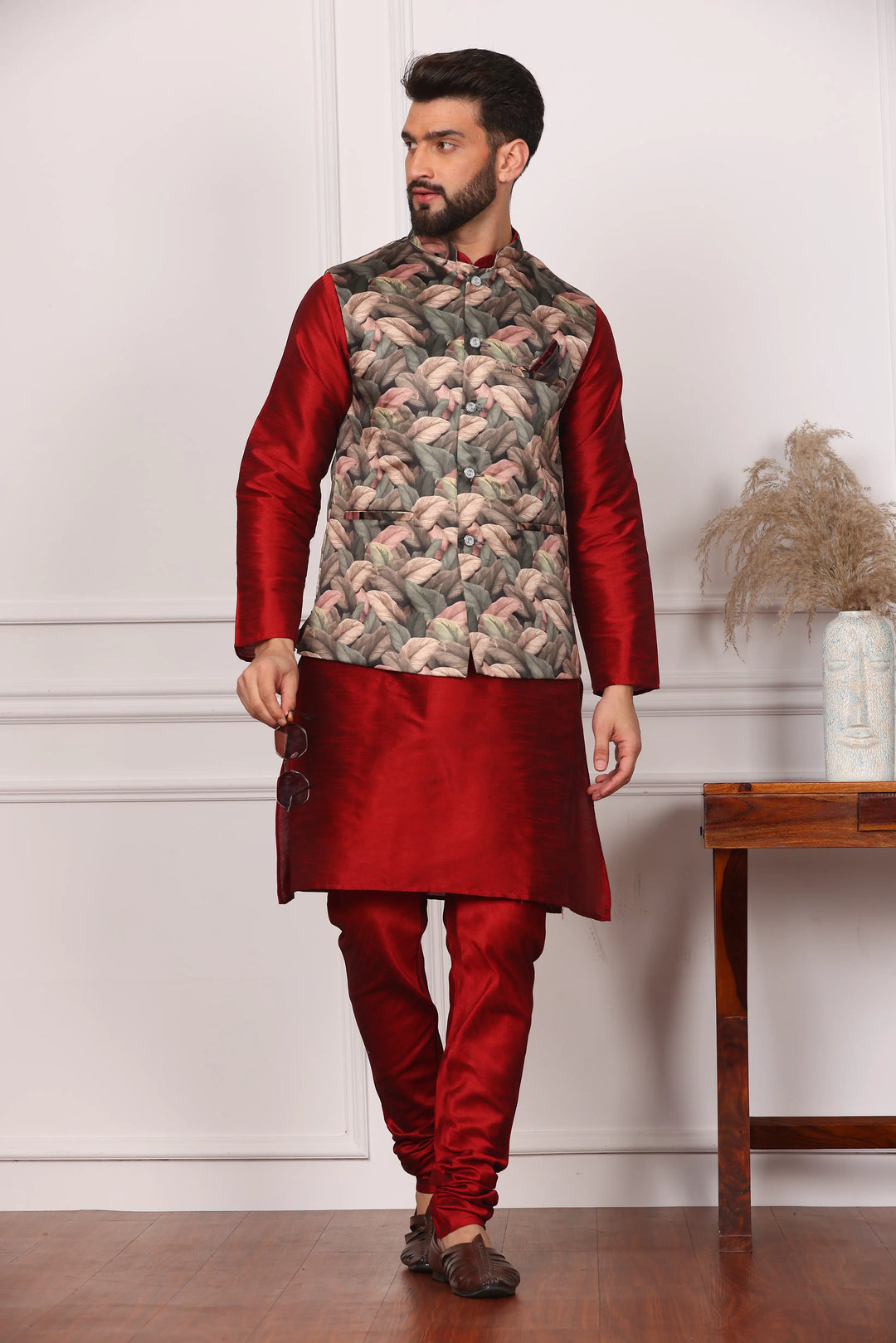 Multi Color Nehru Jacket and Maroon Kurta with Churidar Pajama Set for Men