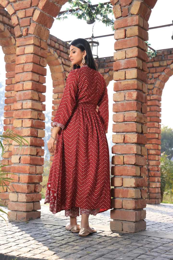 Embroidered Cotton Red Anarkali Suit