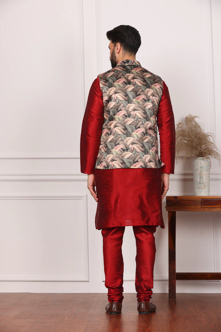 Multi Color Nehru Jacket and Maroon Kurta with Churidar Pajama Set for Men