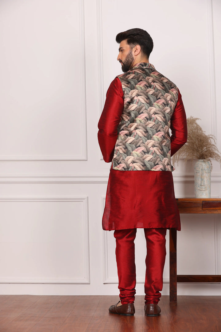 Multi Color Nehru Jacket and Maroon Kurta with Churidar Pajama Set for Men