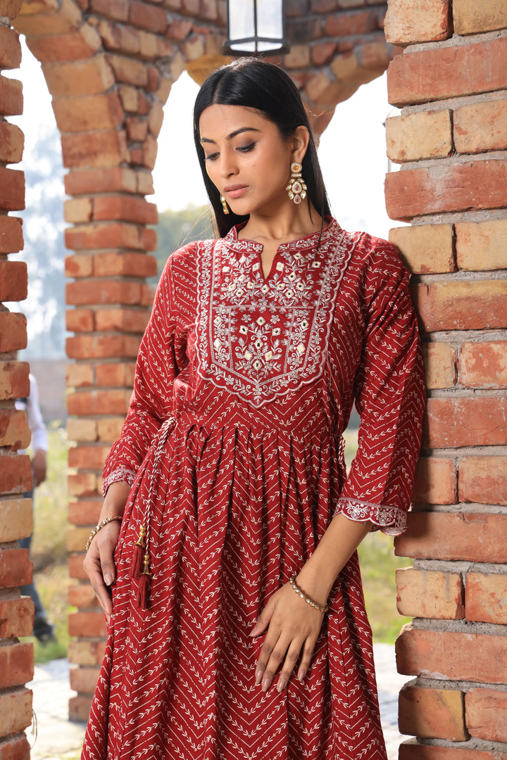 Embroidered Cotton Red Anarkali Suit