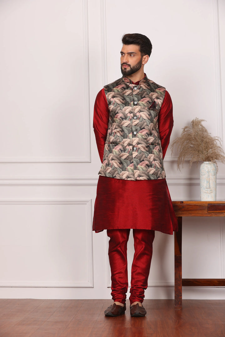 Multi Color Nehru Jacket and Maroon Kurta with Churidar Pajama Set for Men