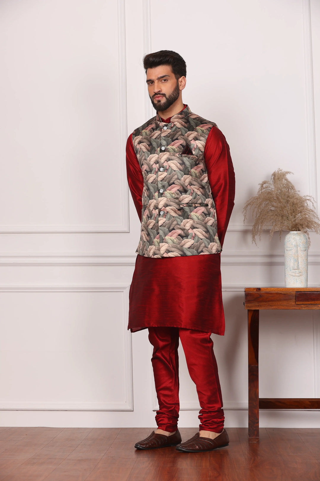 Multi Color Nehru Jacket and Maroon Kurta with Churidar Pajama Set for Men