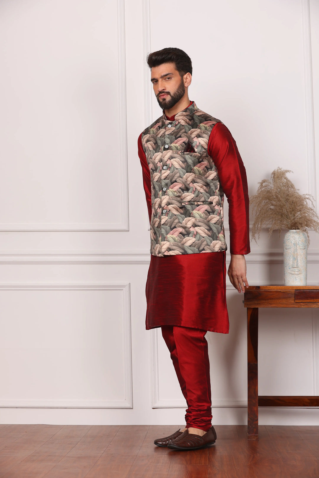 Multi Color Nehru Jacket and Maroon Kurta with Churidar Pajama Set for Men