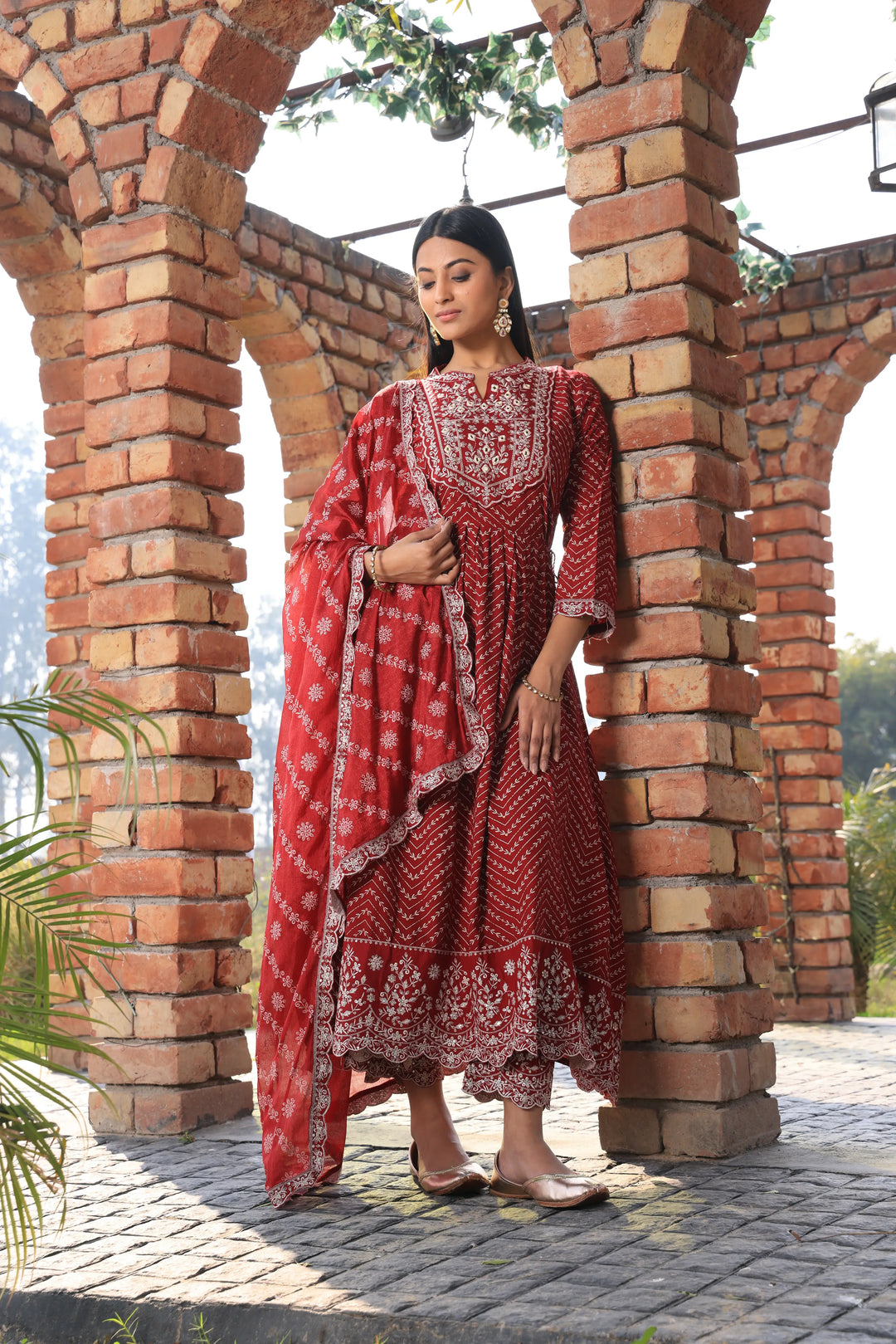 Embroidered Cotton Red Anarkali Suit