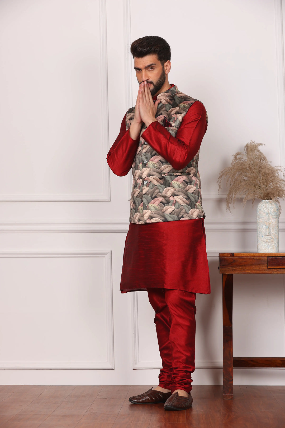 Multi Color Nehru Jacket and Maroon Kurta with Churidar Pajama Set for Men