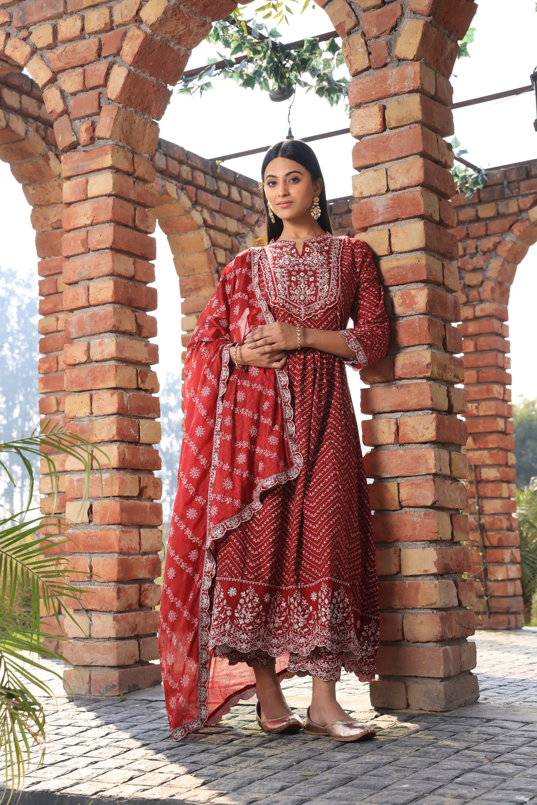 Embroidered Cotton Red Anarkali Suit