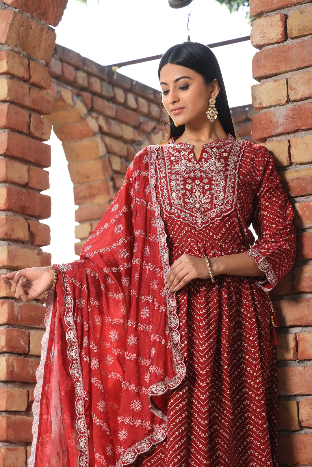 Embroidered Cotton Red Anarkali Suit