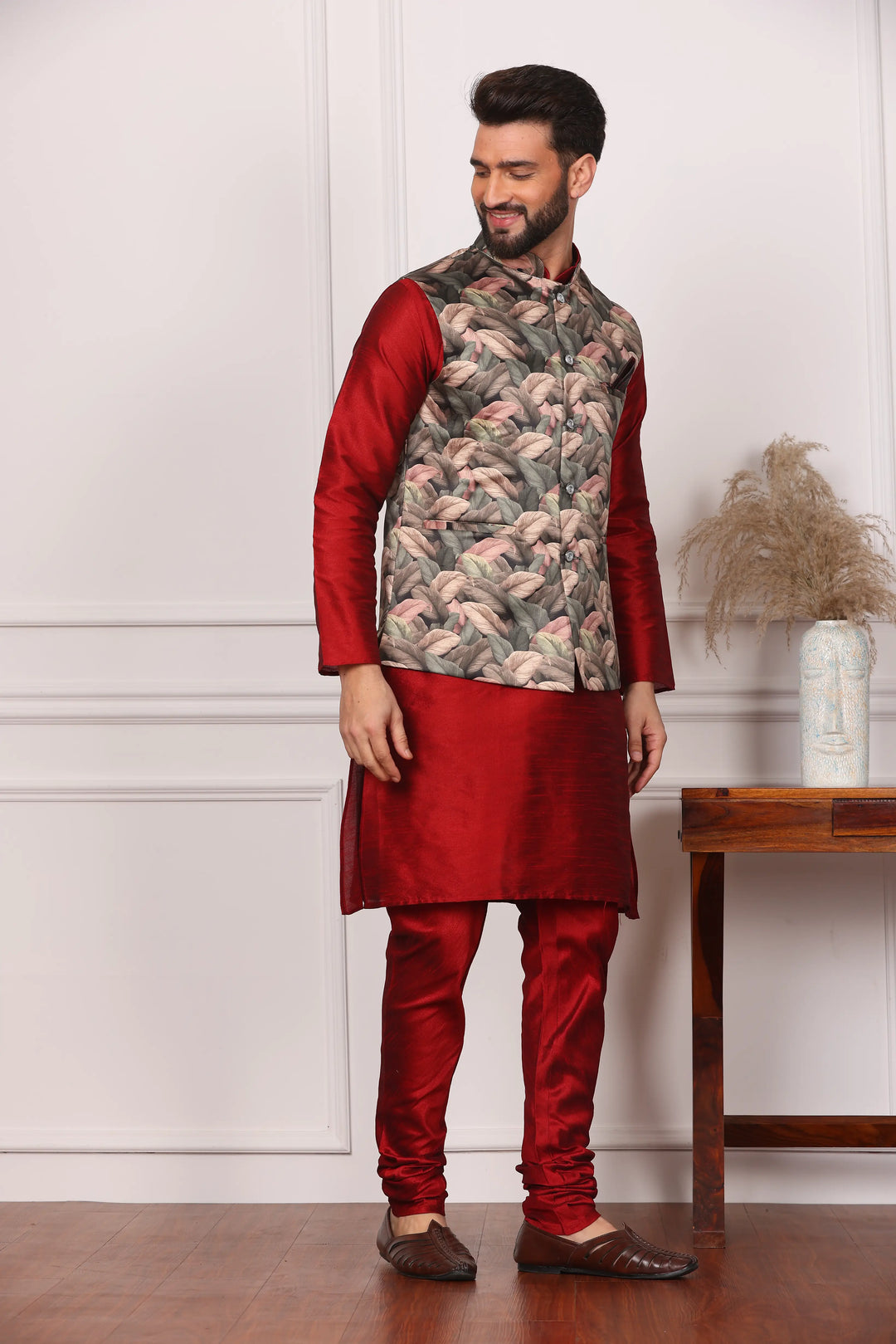 Multi Color Nehru Jacket and Maroon Kurta with Churidar Pajama Set for Men