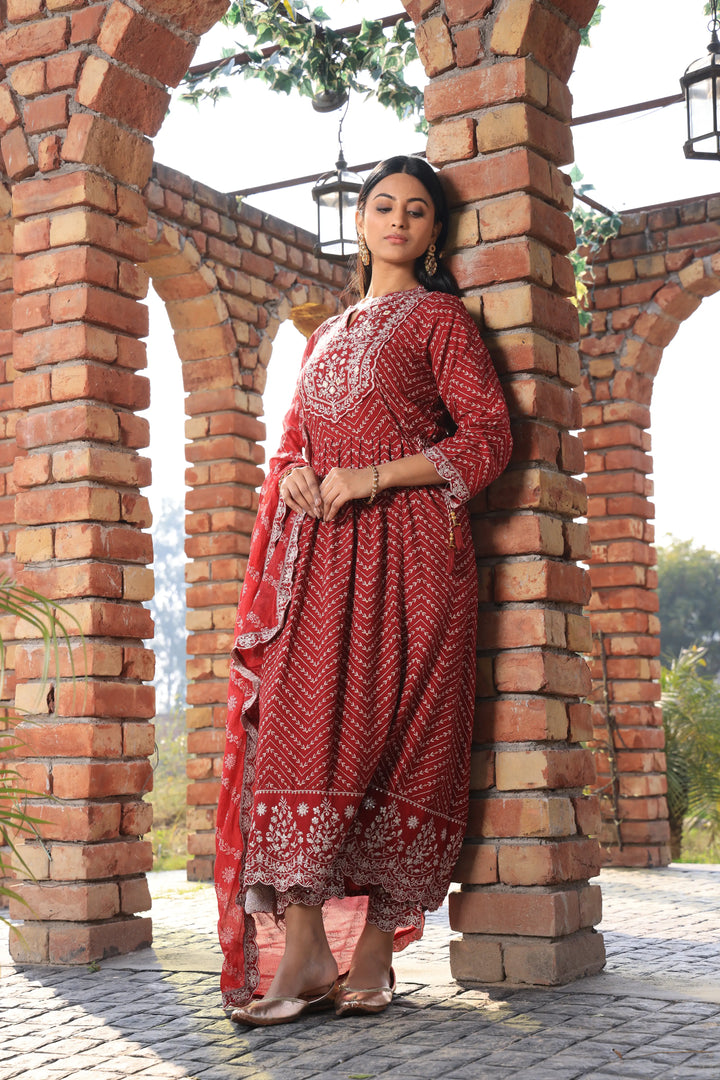 Embroidered Cotton Red Anarkali Suit