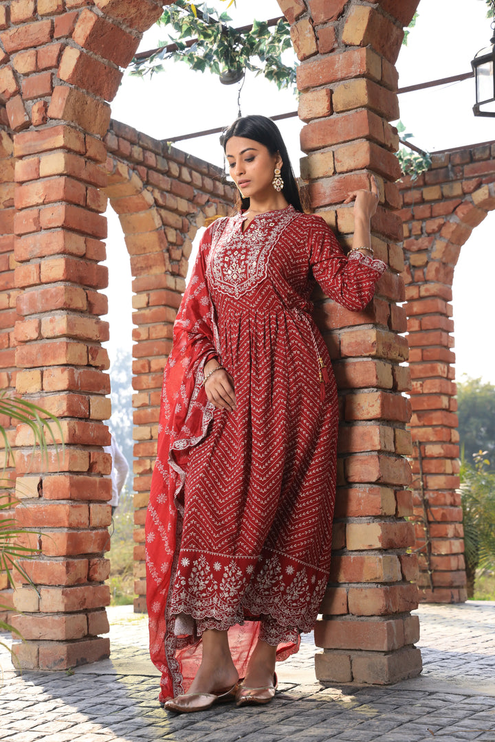 Embroidered Cotton Red Anarkali Suit