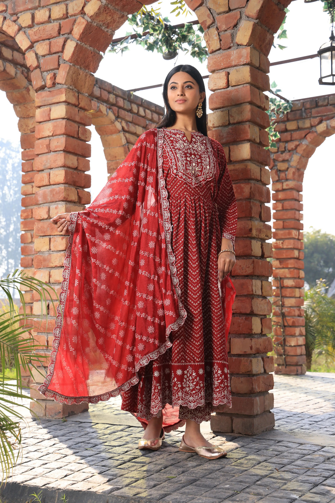 Embroidered Cotton Red Anarkali Suit