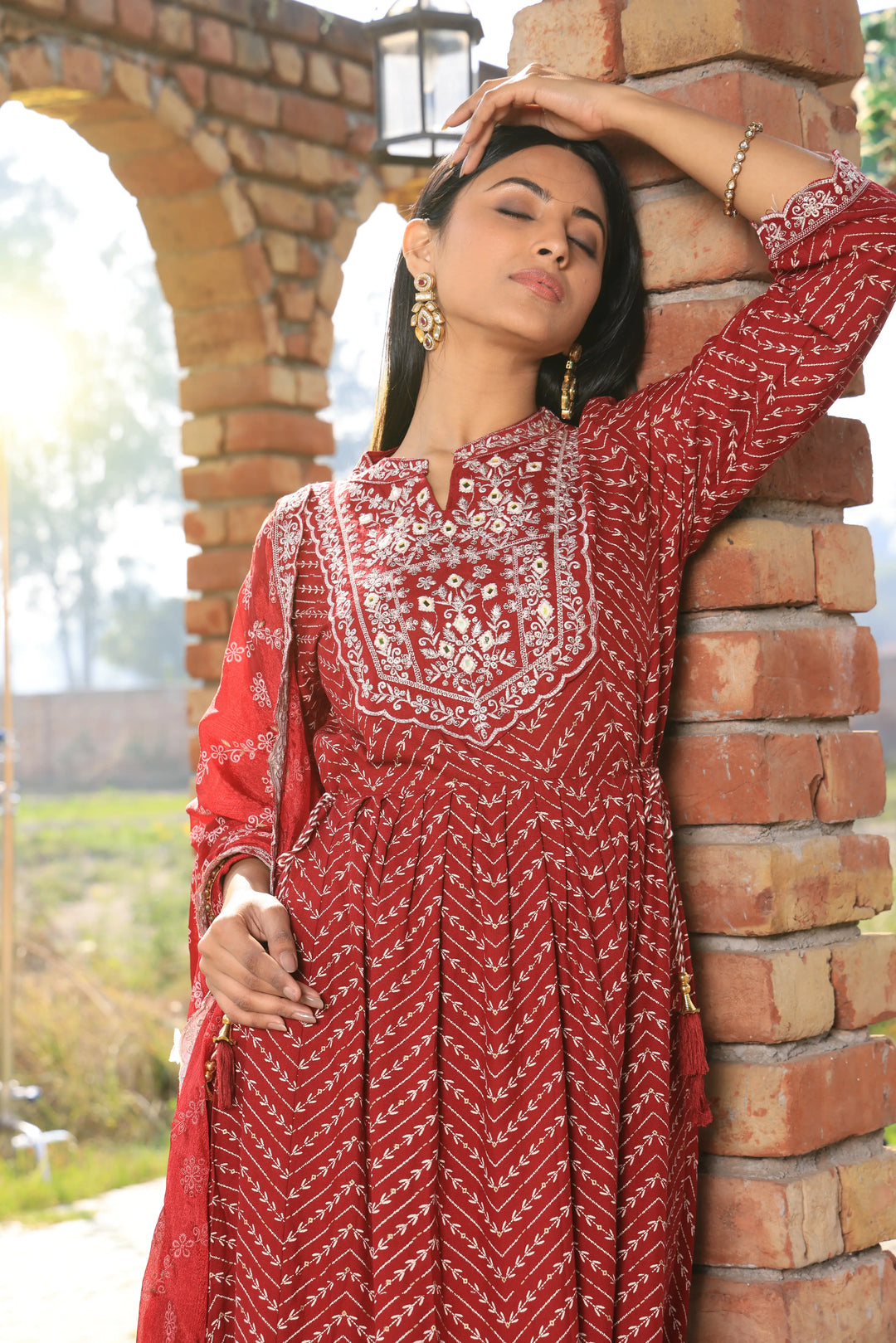 Embroidered Cotton Red Anarkali Suit