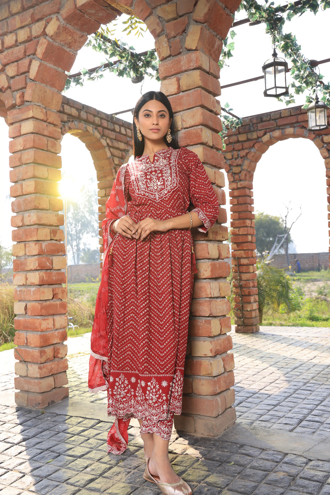 Embroidered Cotton Red Anarkali Suit